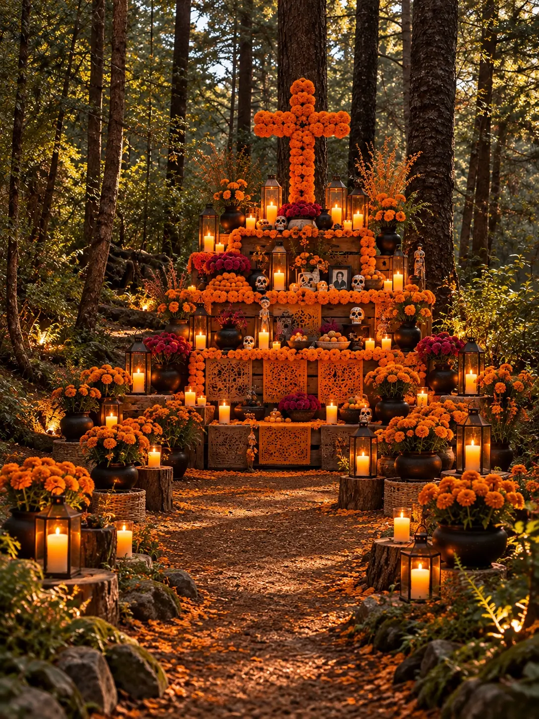 Altar de Día de Muertos en el bosque con cempasúchil, ofrenda y faroles
