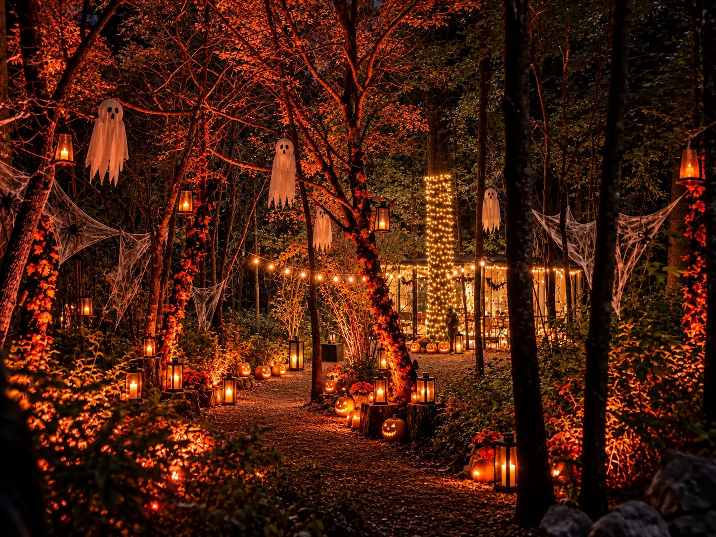Recorrido nocturno con calabazas, fantasmas, telarañas y faroles entre los árboles