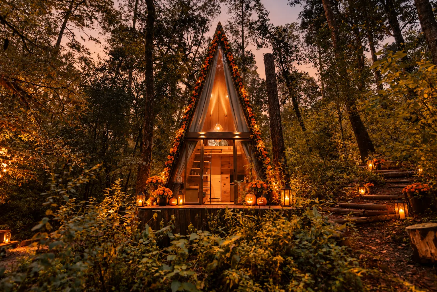 Cabaña Koli en Valle de Bravo con calabazas, cempasúchil y faroles
