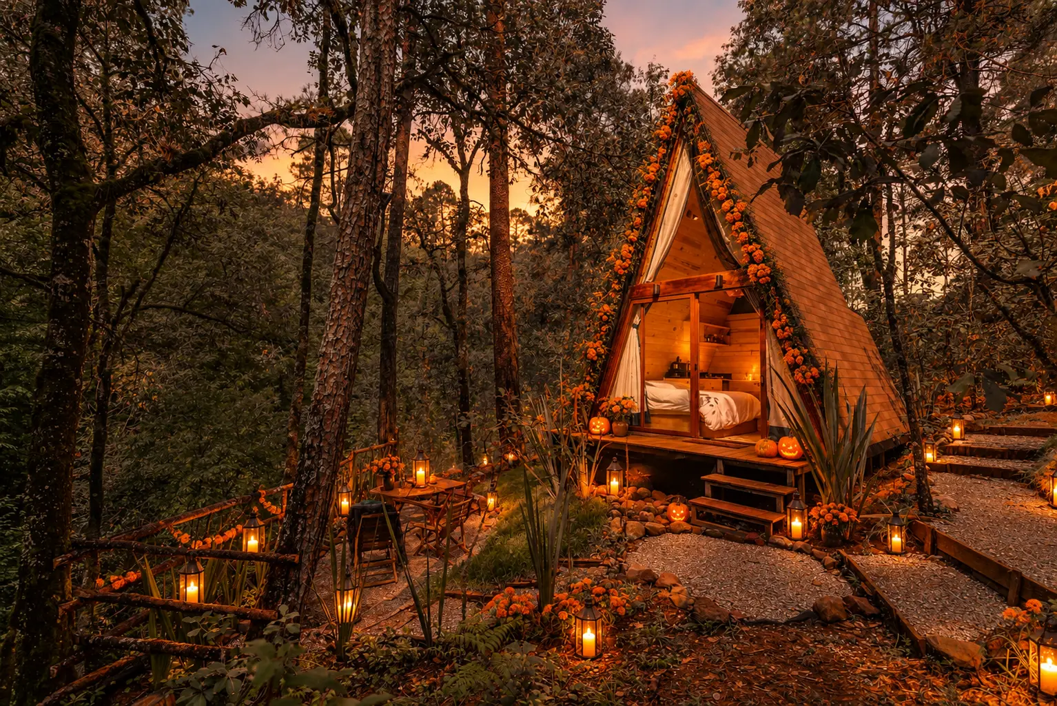 A-Frame Meztli en Valle de Bravo: propuesta de decoración de Halloween sobre fotografía real