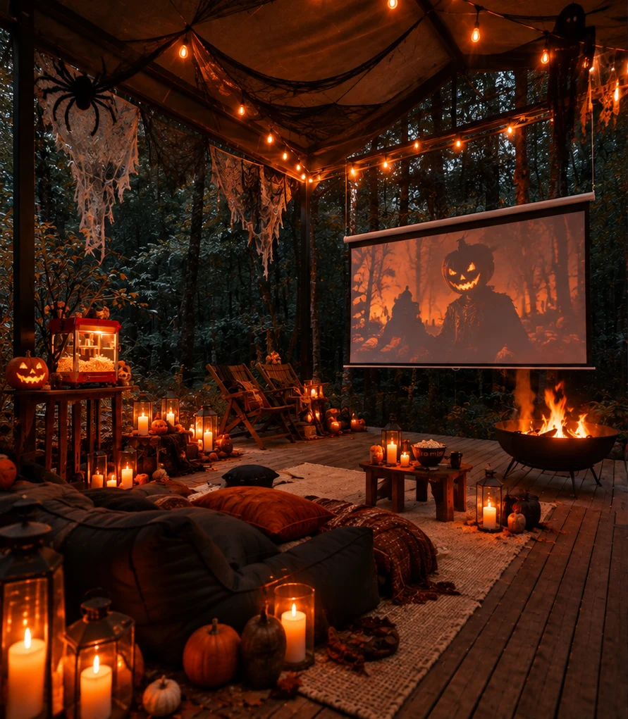 Cine al aire libre frente al bosque, con proyector, mantas y faroles