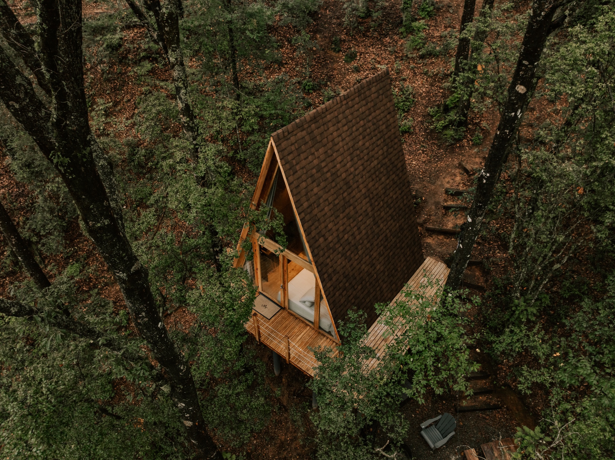 Vista aérea de las cabañas Wander en Mineral del Chico, rodeadas de bosque de pinos