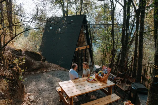 Canasta de picnic con vino y flores en el bosque de La Marquesa