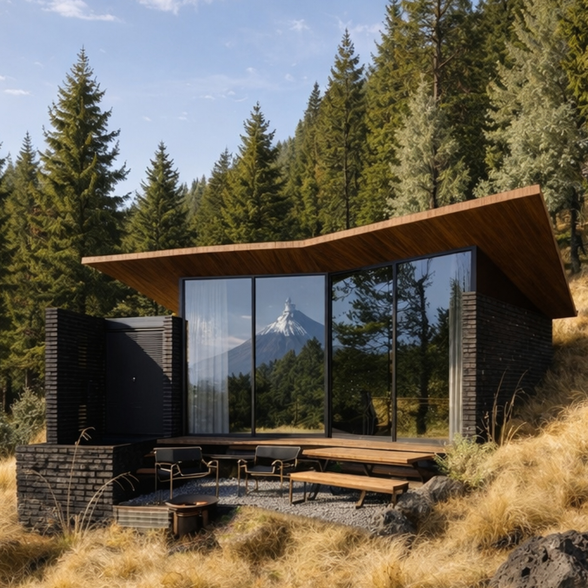 Cabaña Wander de exterior en bosque de pinos con vista al volcán
