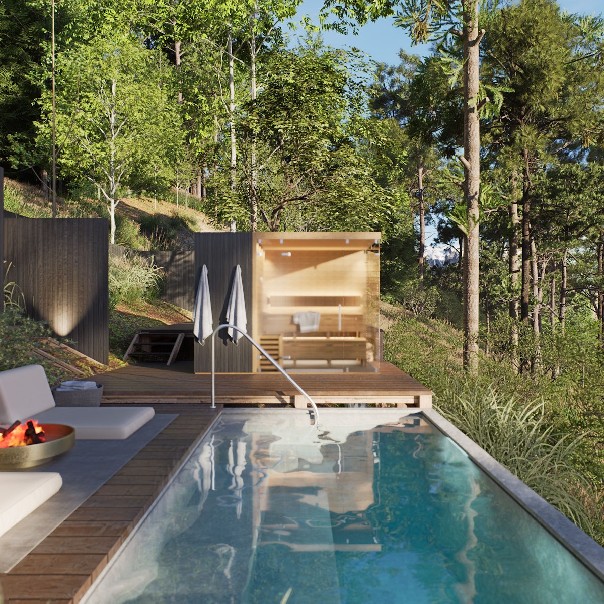 Sauna y cold plunge al aire libre en el spa de Wander Volcano