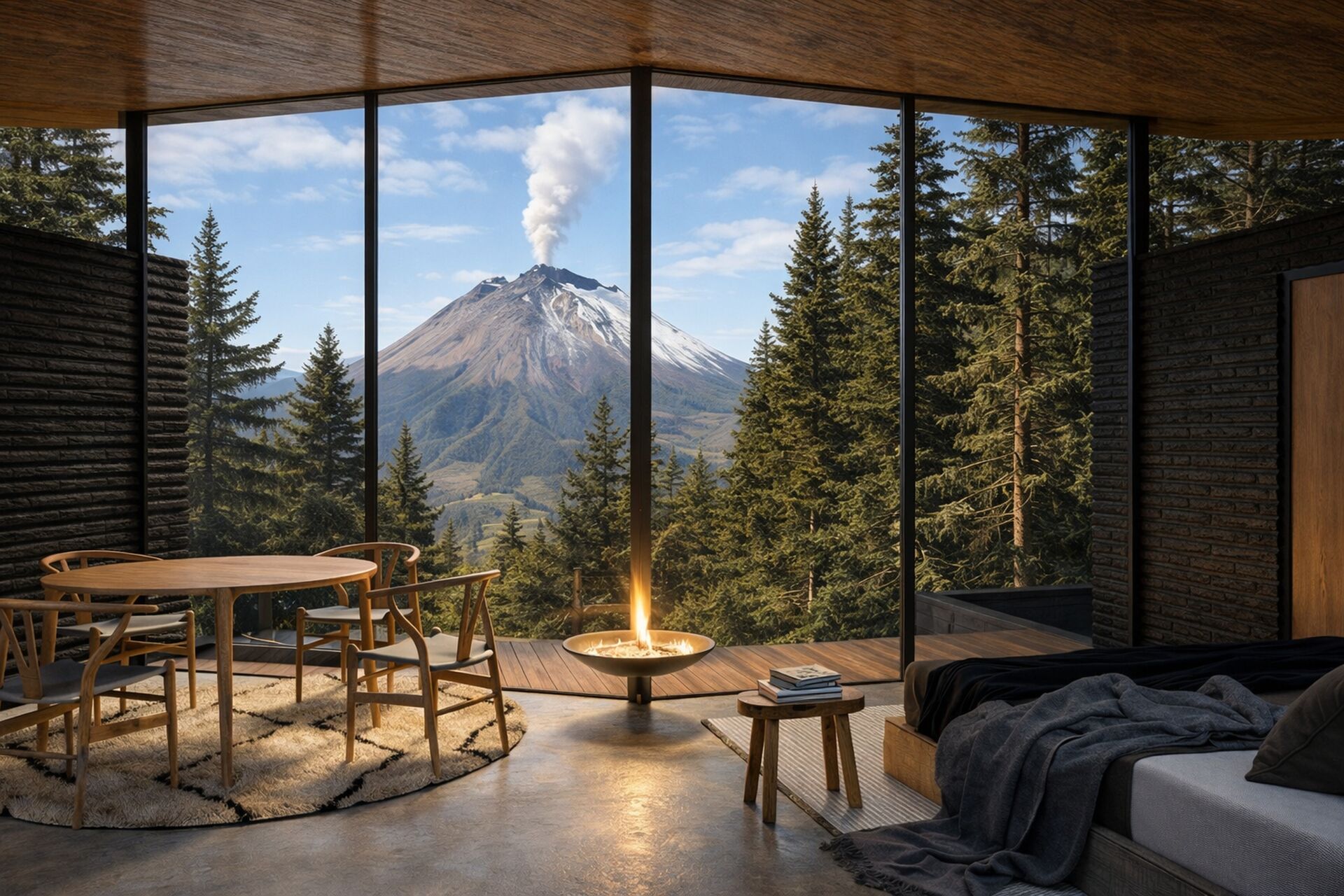 Vista del volcán Popocatépetl desde terraza de cabaña Wander Volcano en Puebla