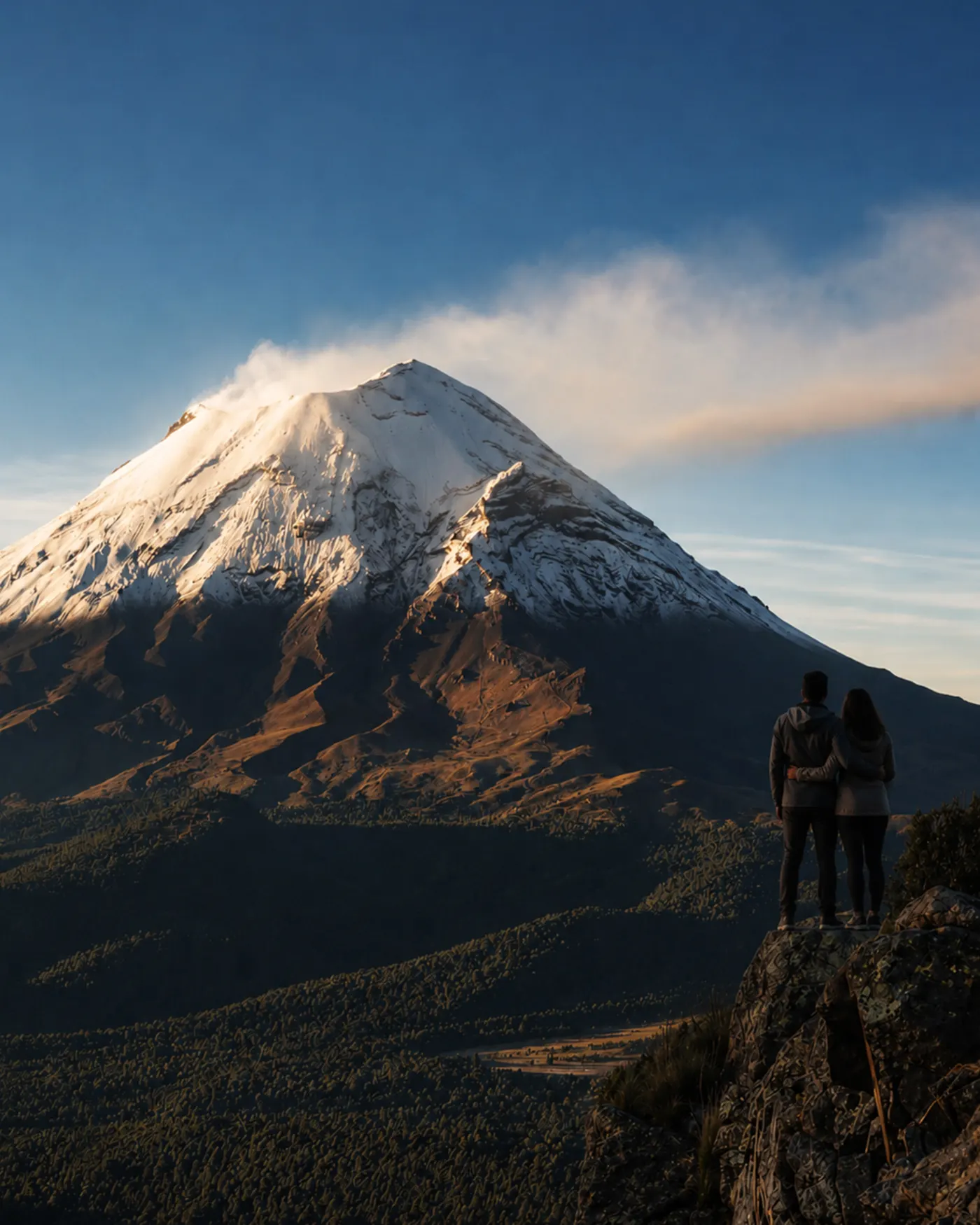 Pareja abrazada sobre un mirador rocoso contemplando al amanecer el volcán Popocatépetl nevado, con el bosque de Wander Volcano al frente