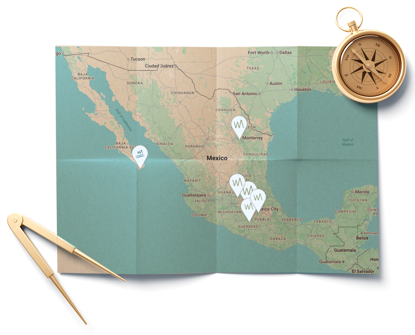 Mapa de México con las ubicaciones de Wander Cabins